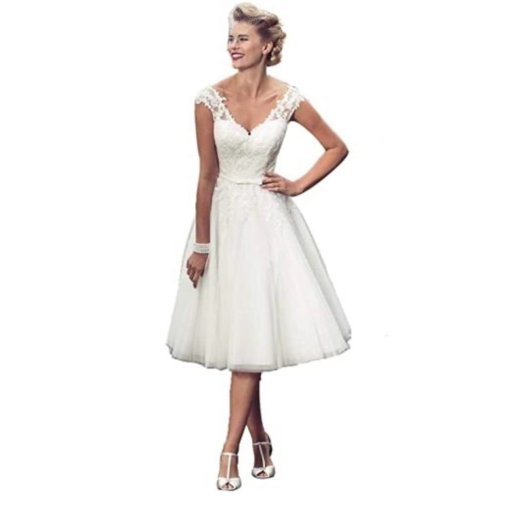 Cap-Sleeve White Tea-Length Bridal Dress with Lace Bodice